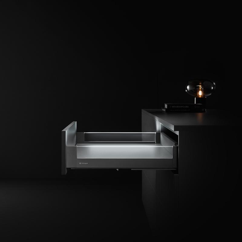 Комплект выдвижного ящика Unihopper Magic Box, 80*450мм, с доводчиком, со стеклом, свет LED, графит