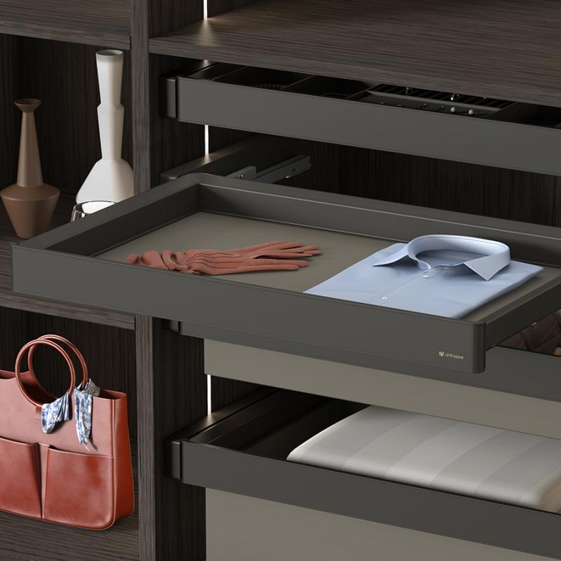 Выдвижная полка сталь, серая кожа Unihopper в базу 600мм c доводчиком clip-on MONIKA