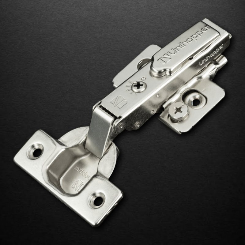 Накладная 3D петля UNIHOPPER HUTTON с регулируемым доводчиком, 45мм, планка H2, с декоративной накладкой, никель