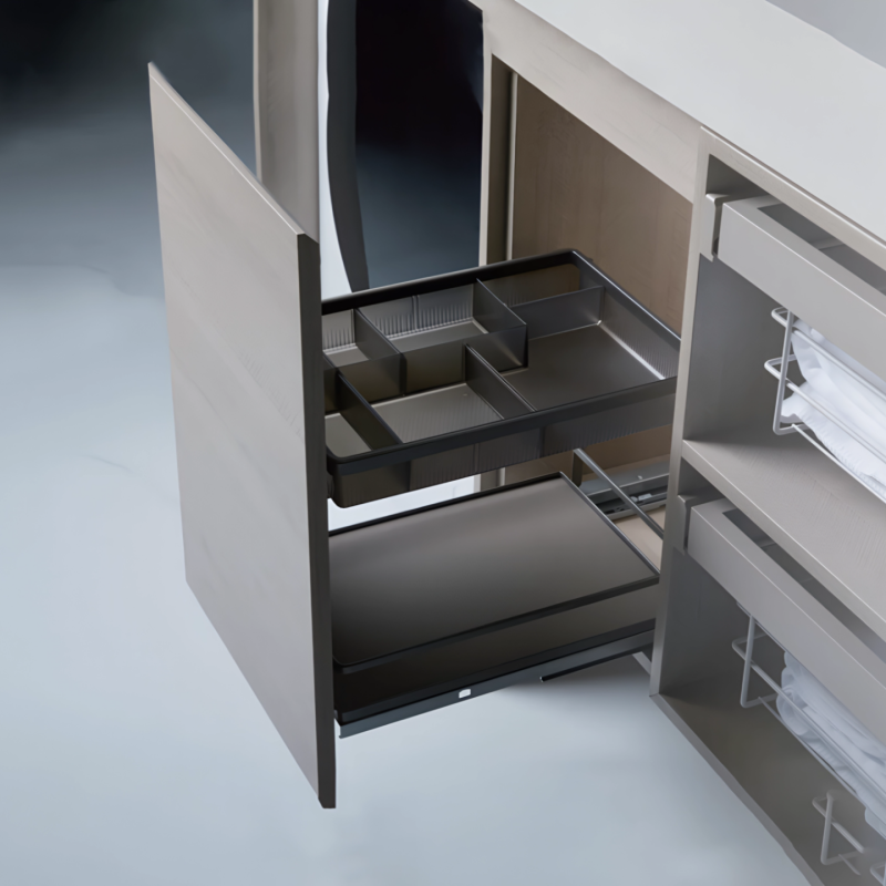 Выдвижная мульти-корзина для ванных комнат UNIHOPPER в базу 300мм, серая, с доводчиком