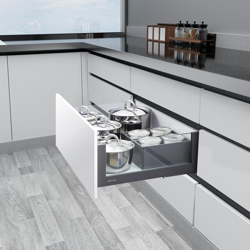 Комплект выдвижного ящика Unihopper Magic Box, 170*450мм, с доводчиком со стеклом, графит