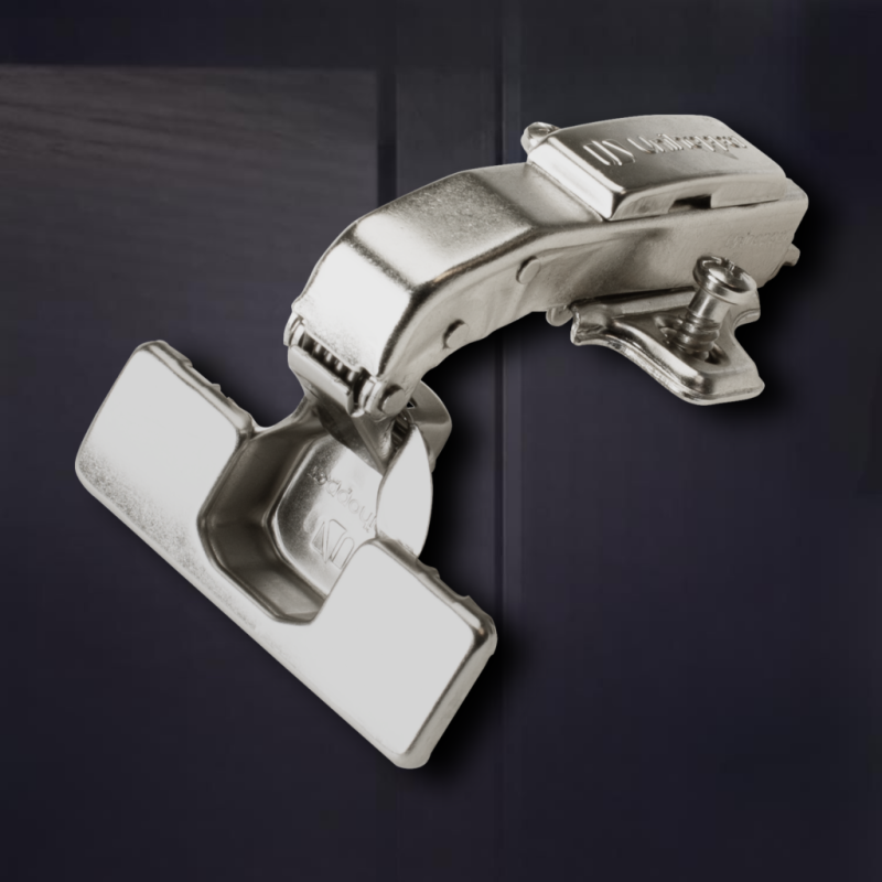 Угловая 90° петля с евровинтами UNIHOPPER с доводчиком, 52 мм, с декоративной накладкой