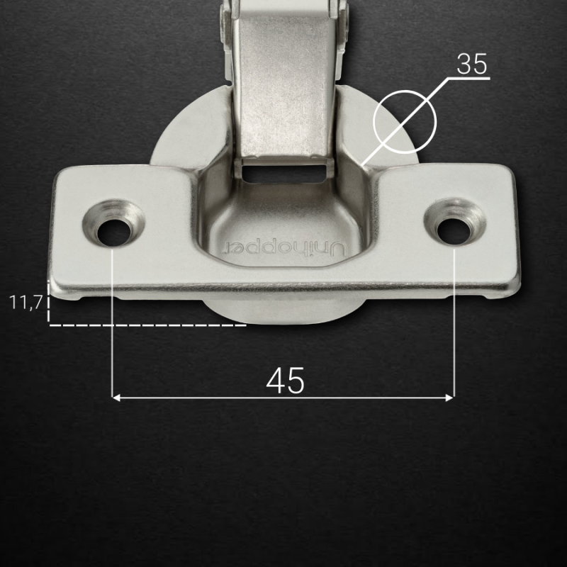 Вкладная 3D петля UNIHOPPER HUTTON с регулируемым доводчиком,планка H-2, 45мм, с декоративной накладкой, никель