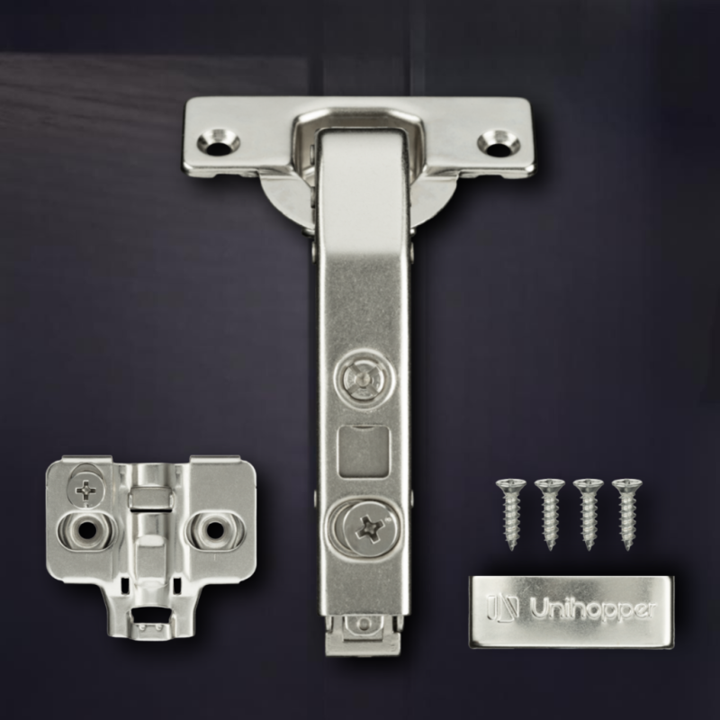 Угловая 90° 3D петля UNIHOPPER для фальшпанели с доводчиком, 52мм, с декоративной накладкой