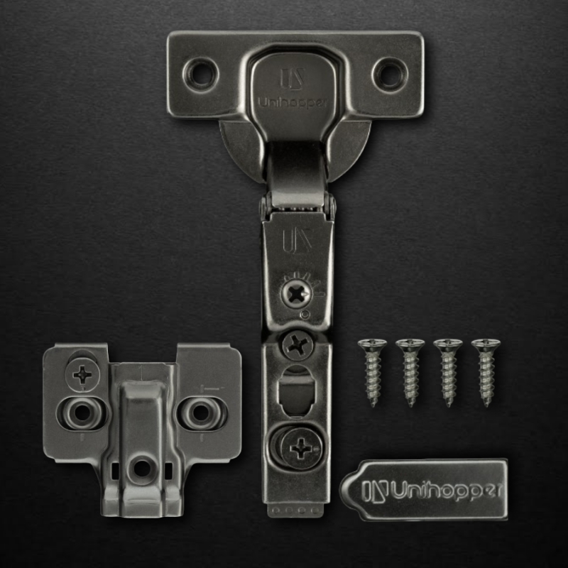 Полунакладная 3D петля UNIHOPPER HUTTON с регулируемым доводчиком, планка H-2, 45мм, с декоративной накладкой, черный никель