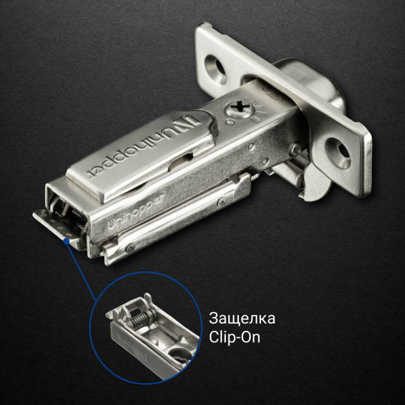 Накладная петля UNIHOPPER HUTTON с регулируемым доводчиком, с линейной планкой, 45мм, никель