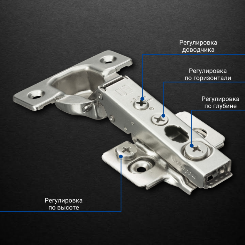 Накладная 3D петля UNIHOPPER HUTTON с регулируемым доводчиком, 45мм, с декоративной накладкой, никель