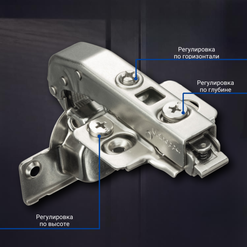 Угловая 90° 3D петля UNIHOPPER для фальшпанели с доводчиком, 52мм, с декоративной накладкой