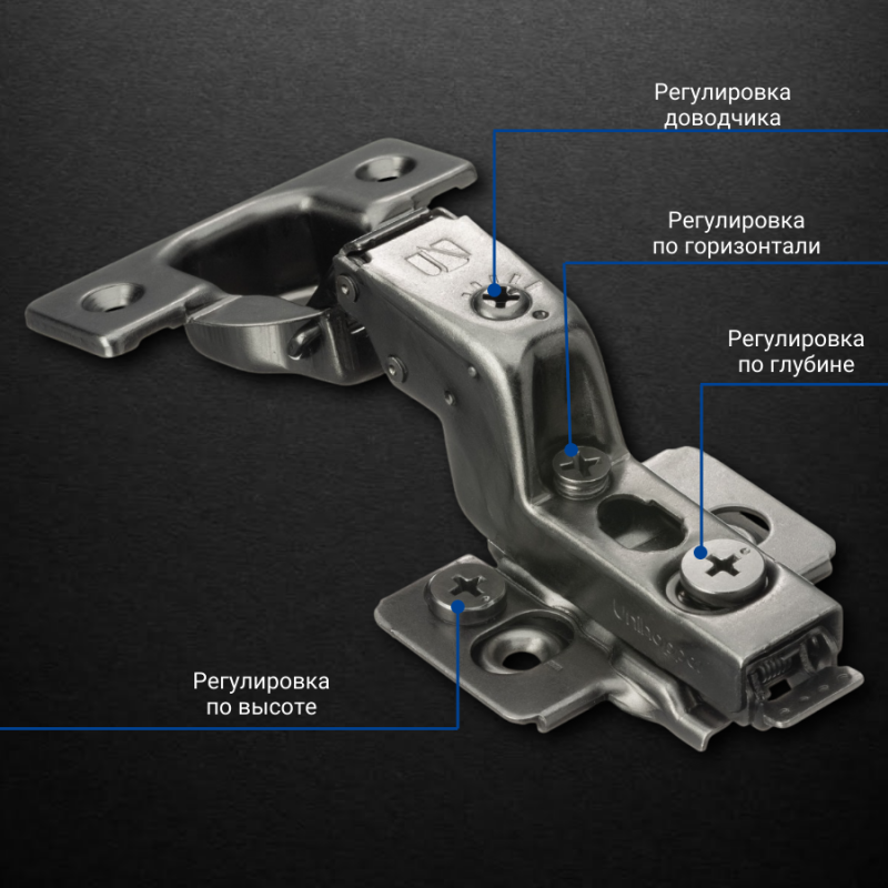 Вкладная 3D петля UNIHOPPER HUTTON с регулируемым доводчиком, 45мм, с декоративной накладкой, черный никель