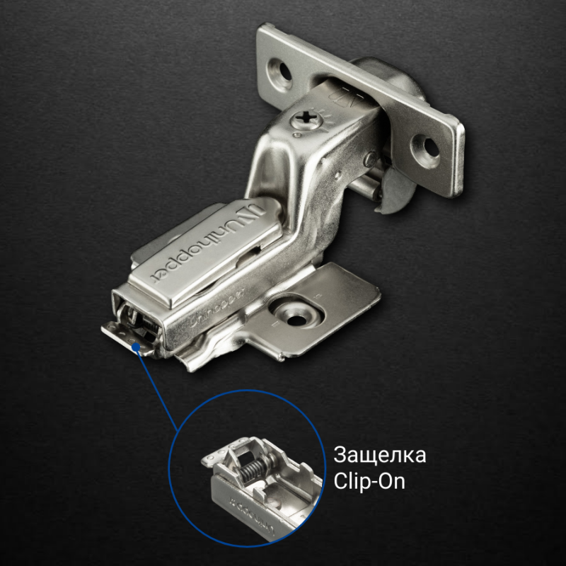 Вкладная 3D петля UNIHOPPER HUTTON с регулируемым доводчиком, 45мм, с декоративной накладкой, никель